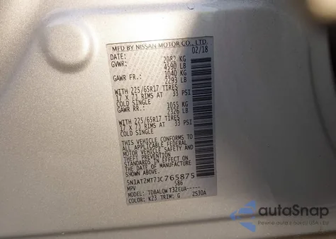 2018 Nissan Rogue Sv z USA, uszkodzony, nr VIN 5N1AT2MT7JC765875